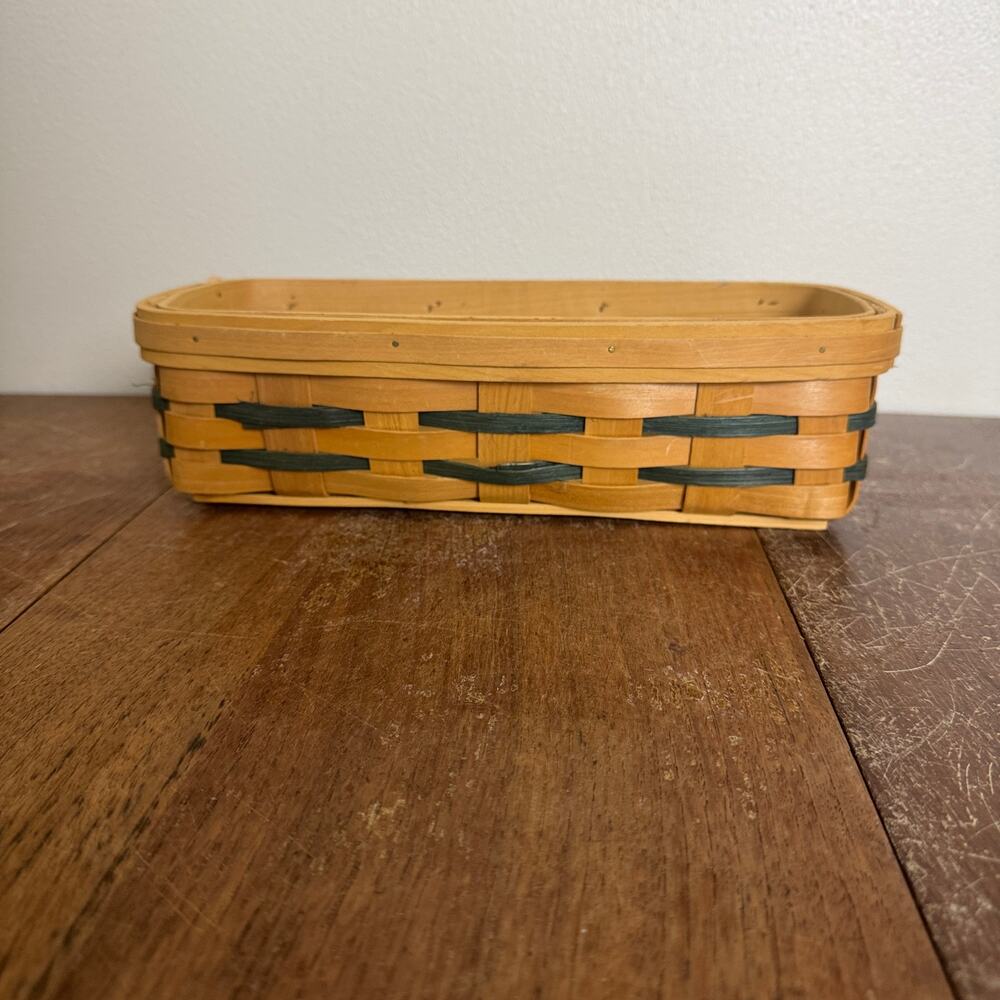 Handwoven Rectangular Wood Slat‎ Basket Natural with Green Accents